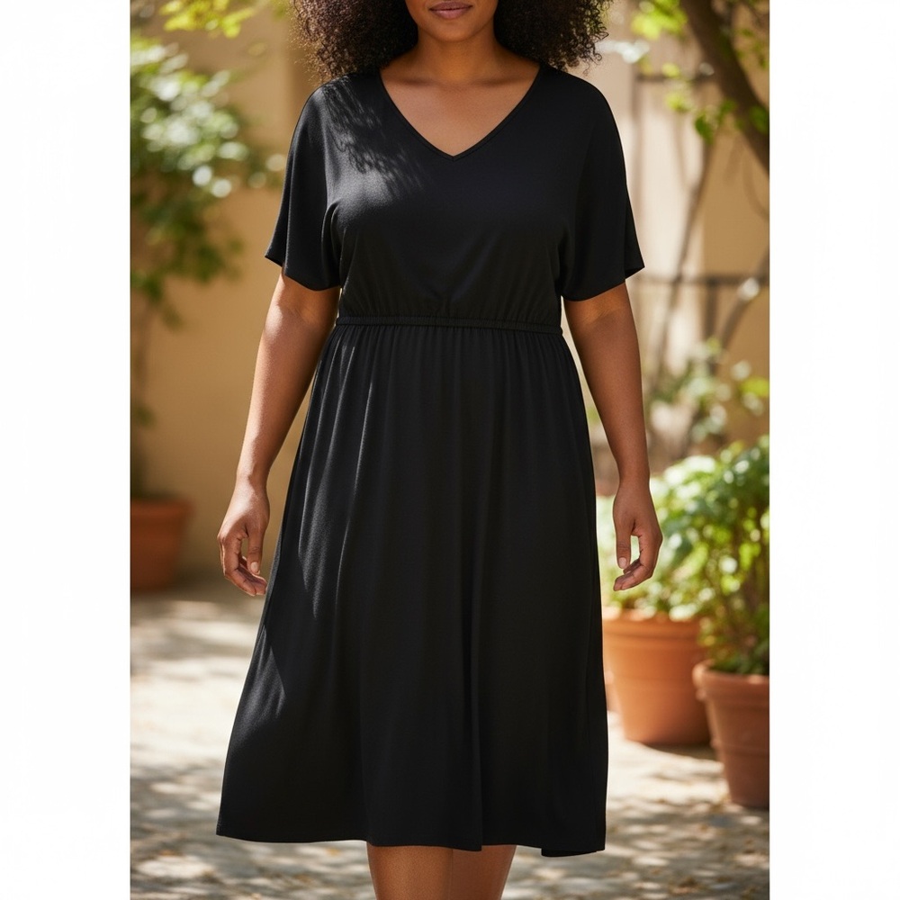 Chic Black Midi Dress with V-Neck